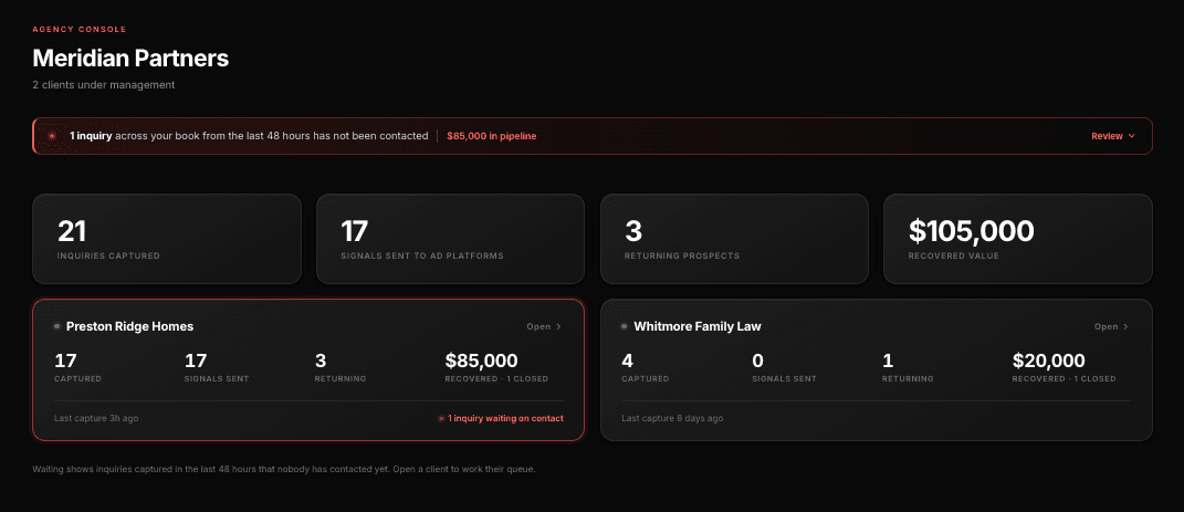 The ReCapture agency console showing every client in one view